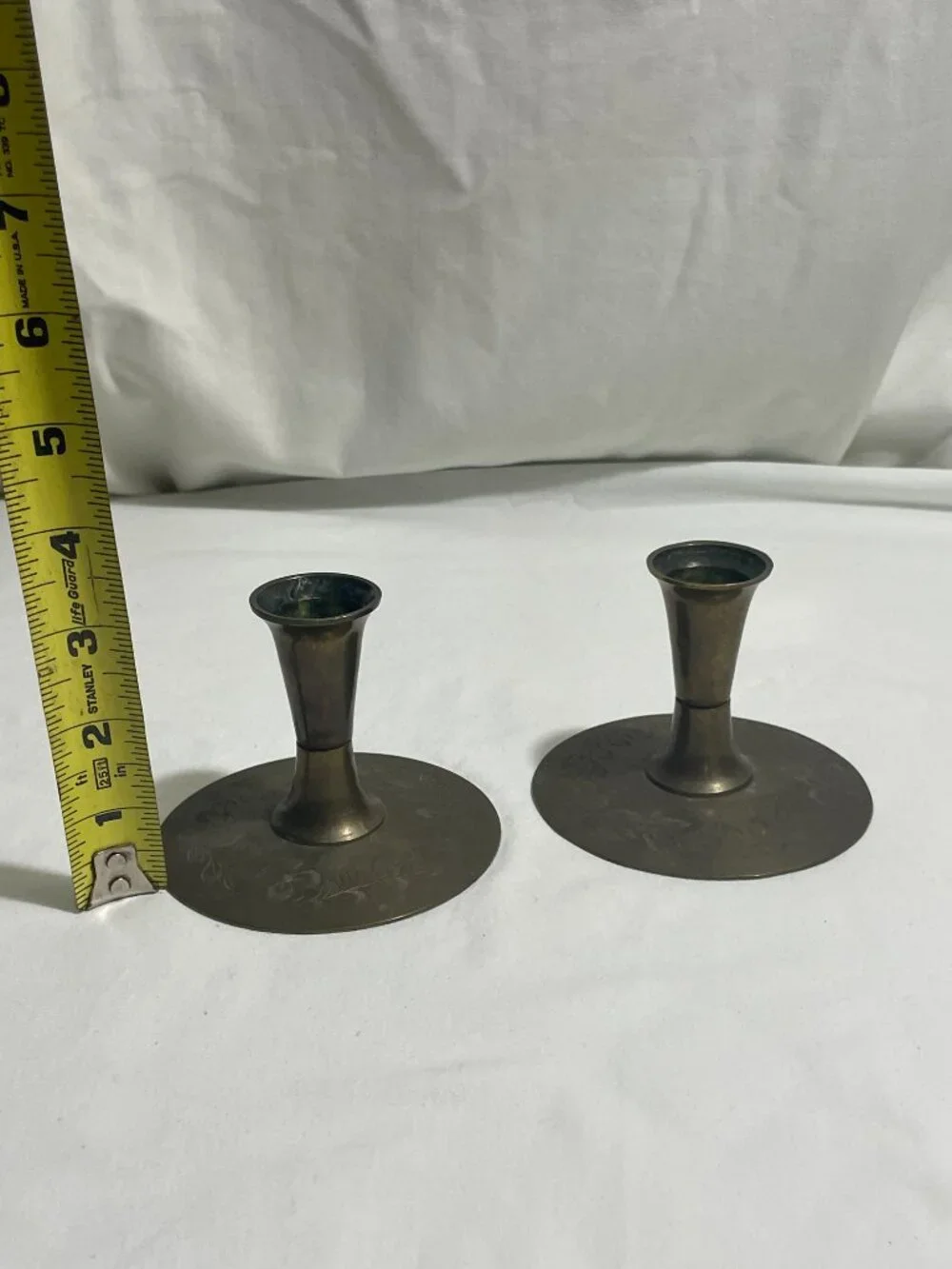 Vintage Pair Etched Solid Brass Candlestick Holders India Floral Taper Candle 3.
